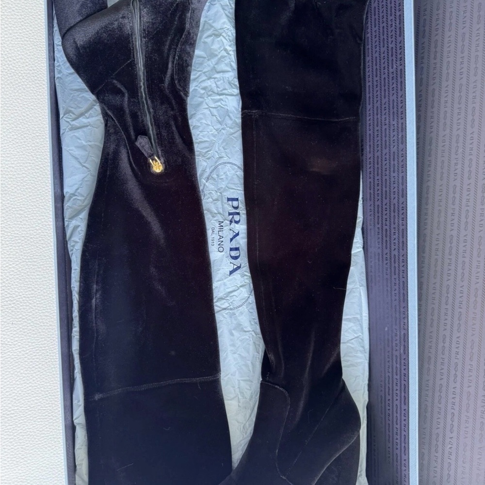 Authentic PRADA Velvet High Boots with Pointed-Toes Gold Zip Closure at Ankles